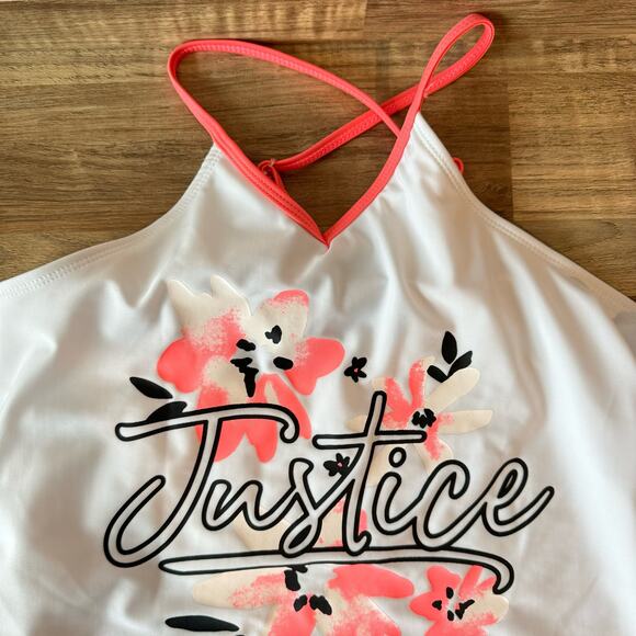 Justice Girls Swimsuit Tankini Top Size Large 12/14 White Pink Floral Adjustable - Picture 2 of 9
